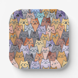 Plato De Papel Patrón de Multitud de Gatos Lindos y Coloridos Car