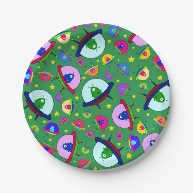 Plato De Papel Patrón de nave espacial alienígena verde (Anverso)