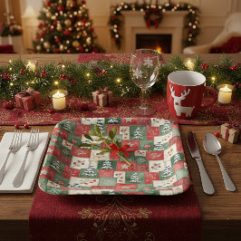 Plato De Papel Patrón de Navidad de patchwork campestre