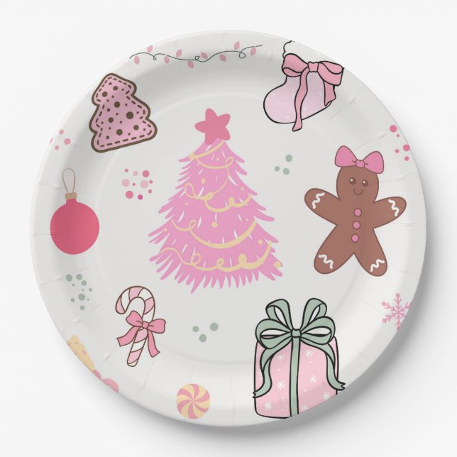 Plato De Papel Patrón de Navidad Rosa (Anverso)