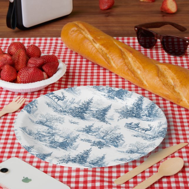 Plato De Papel Patrón de Navidad Toile Azul (Picnic)