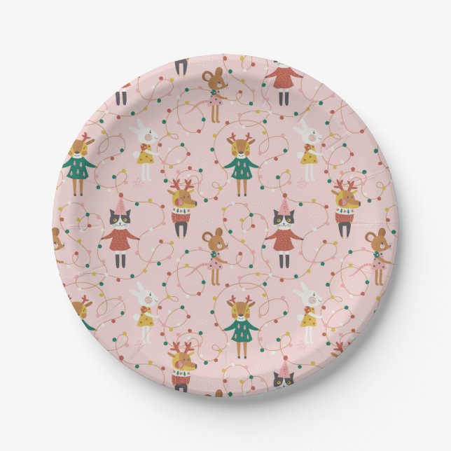 Plato De Papel Patrón de Navidades de amigos de animales festivos (Anverso)