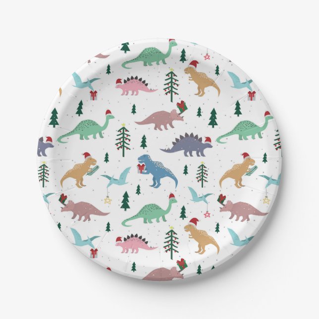 Plato De Papel Patrón de Navidades de dinosaurios festivos (Anverso)