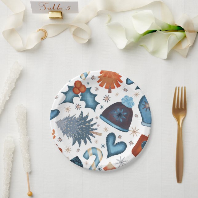 Plato De Papel Patrón de Navidades de invierno de acuarela festiv (Boda)