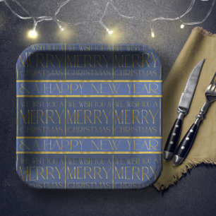 Plato De Papel Patrón de Navidades de oro azul #34 ID1009