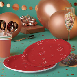 Plato De Papel Patrón de Navidades rojos.Árboles festivos y copos
