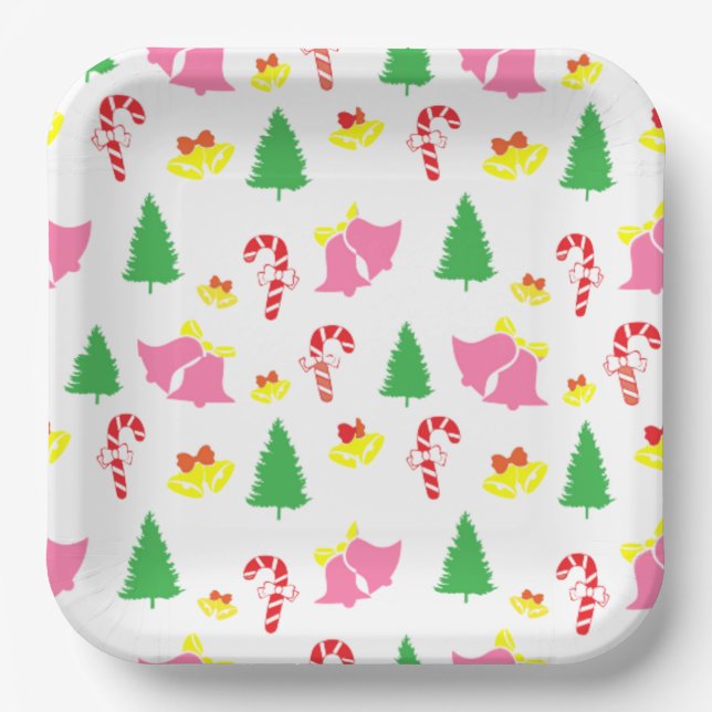 Plato De Papel Patrón de Navidades verdes rosados modernos (Anverso)