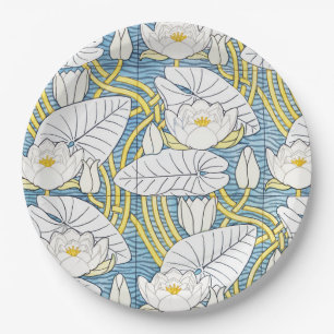 Plato De Papel Patrón de Nenúfar Art Nouveau Verde Salvia