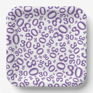 Plato De Papel Patrón de número al azar de 30 años morado/blanco