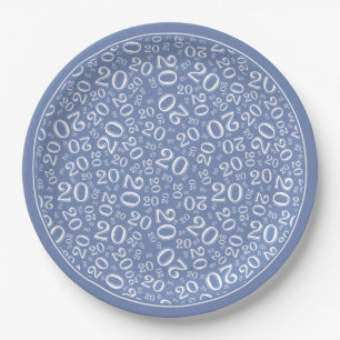 Plato De Papel Patrón de número al azar de cumpleaños Azul/Blanco