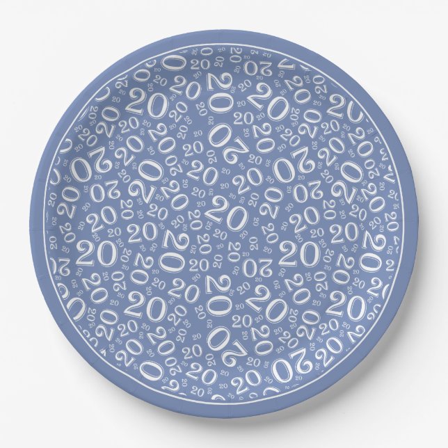 Plato De Papel Patrón de número al azar de cumpleaños Azul/Blanco (Anverso)