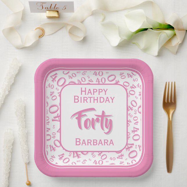 Plato De Papel Patrón de número aleatorio 40 cumpleaños Rosa/Blan (Boda)