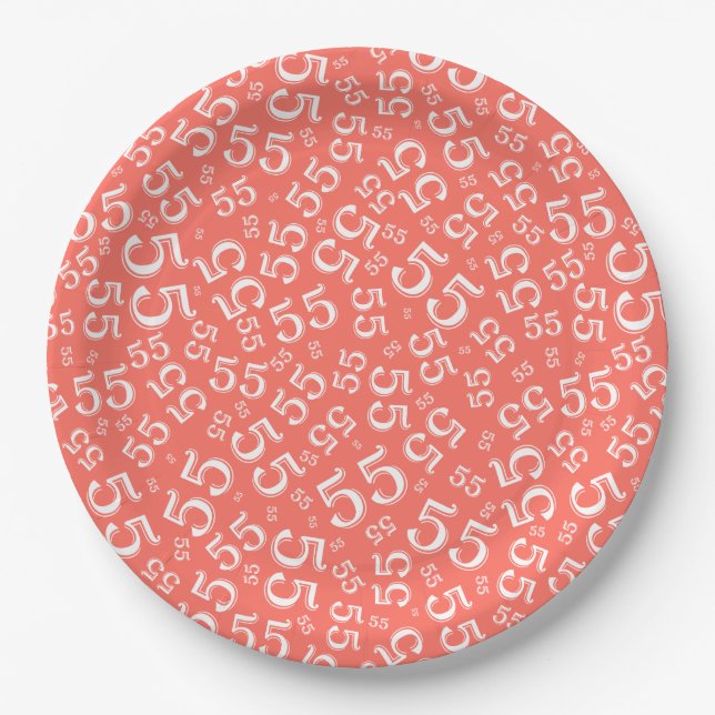 Plato De Papel Patrón de número aleatorio 55 Coral/Blanco (Anverso)