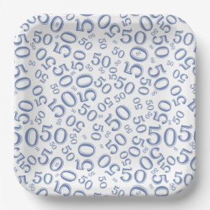Plato De Papel Patrón de número aleatorio azul/blanco 50