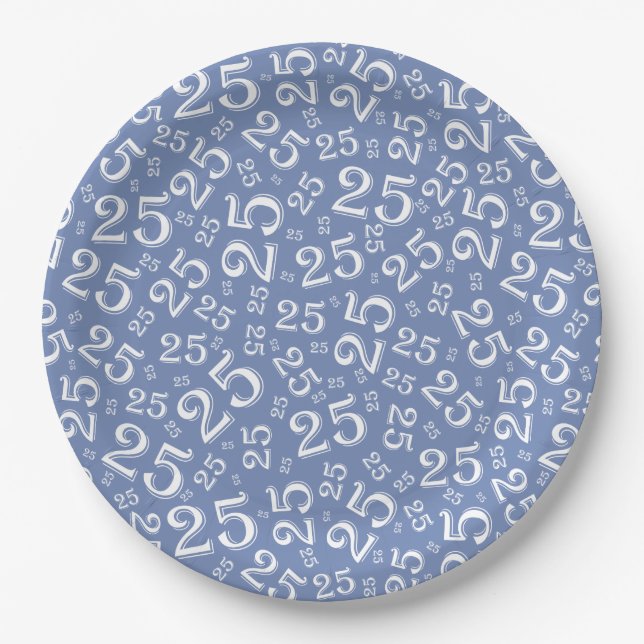Plato De Papel Patrón de número aleatorio azul/blanco de cumpleañ (Anverso)