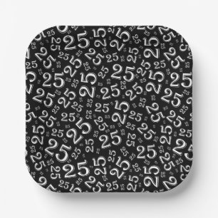 Plato De Papel Patrón de número aleatorio blanco/negro de cumplea