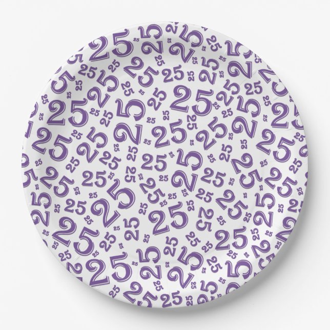 Plato De Papel Patrón de número aleatorio morado/blanco de cumple (Anverso)