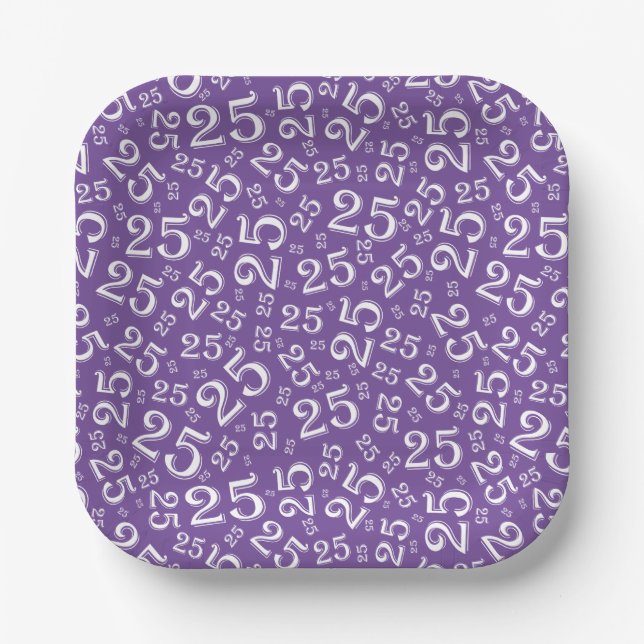 Plato De Papel Patrón de número aleatorio morado/blanco de cumple (Anverso)