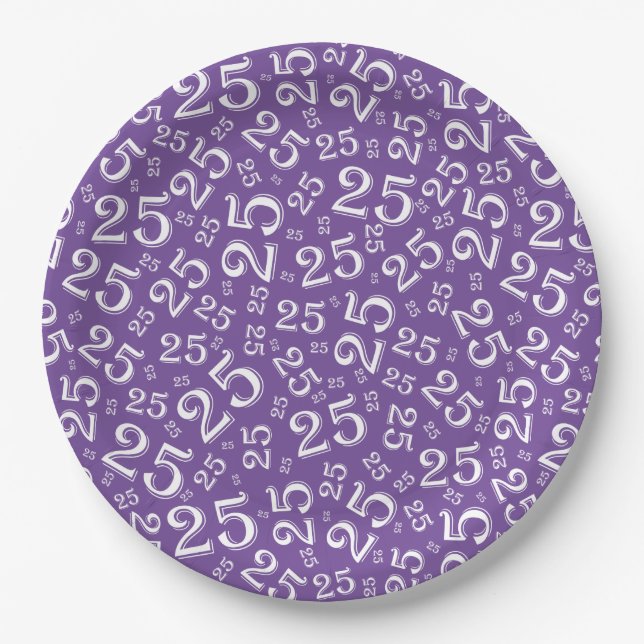 Plato De Papel Patrón de número aleatorio morado/blanco de cumple (Anverso)