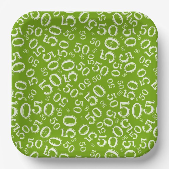 Plato De Papel Patrón de número aleatorio verde/blanco 50 (Anverso)