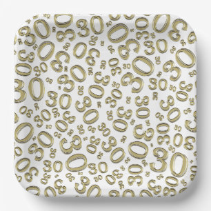 Plato De Papel Patrón de números al azar de la edad 30 blanco/oro