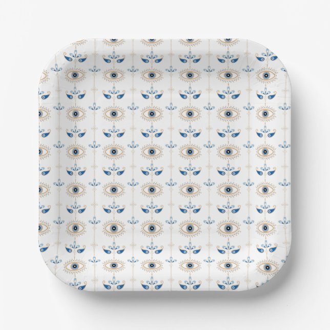 Plato De Papel Patrón de ojo malvado retro bohemio blanco (Anverso)