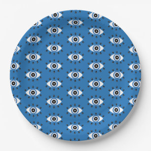 Plato De Papel Patrón de ojos malvados griegos Blanco azul
