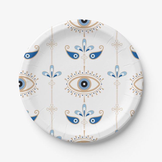 Plato De Papel Patrón de ojos malvados retro bohemio blanco (Anverso)