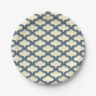 Plato De Papel Patrón de ondas retro azul