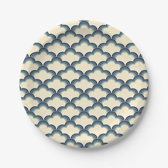 Plato De Papel Patrón de ondas retro azul (Anverso)