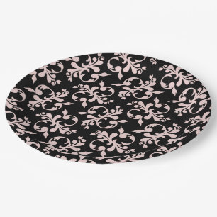 Plato De Papel Patrón de ornamento negro rosado de Rococo