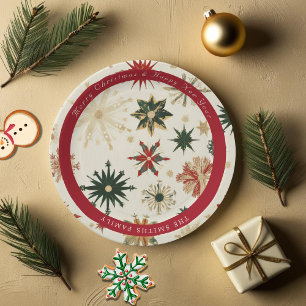 Plato De Papel Patrón de oro moderno y copos de nieve rojos