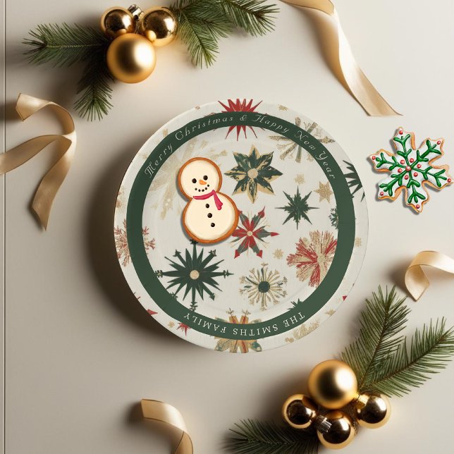 Plato De Papel Patrón de oro moderno y copos de nieve verdes (Vintage Modern Gold and Green Snowflakes pattern Paper Plates)
