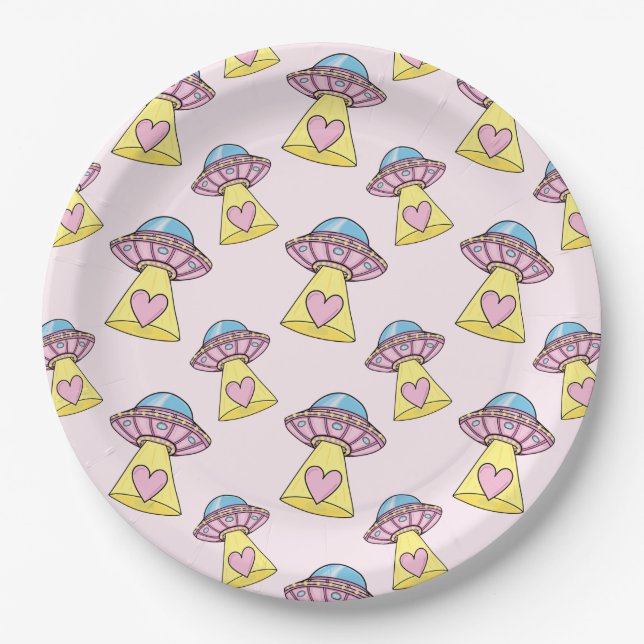 Plato De Papel Patrón de OVNI rosado (Anverso)