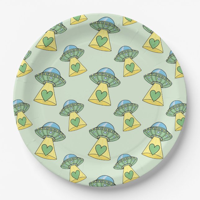 Plato De Papel Patrón de OVNI verde lindo (Anverso)