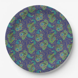 Plato De Papel Patrón de paisley de pavo real azul
