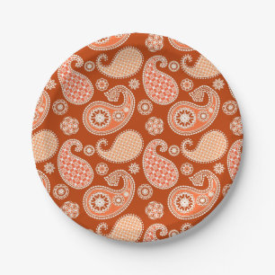 Plato De Papel Patrón de paisley, Naranja mandarín y blanco