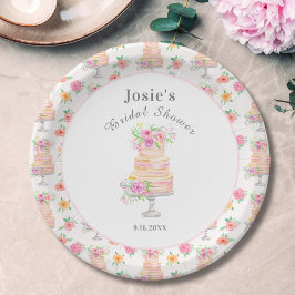 Plato De Papel Patrón de pastel de bodas de acuarela con rosa en 