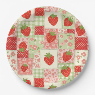 Plato De Papel Patrón de patchwork de picnic de fresa vintage