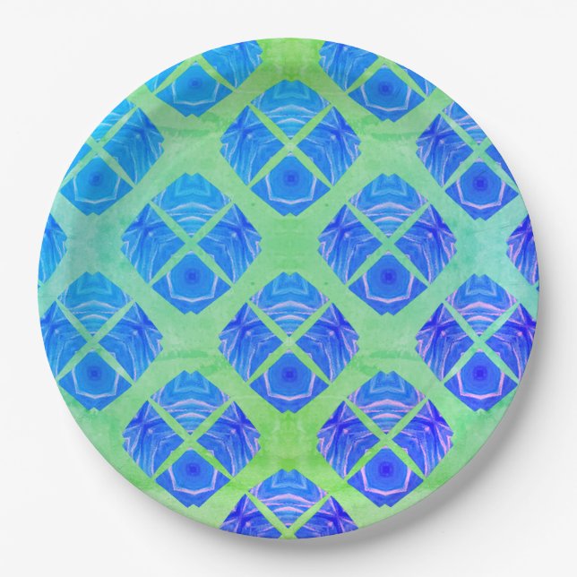 Plato De Papel Patrón de pavos reales turquesa, púrpura y boho ve (Anverso)