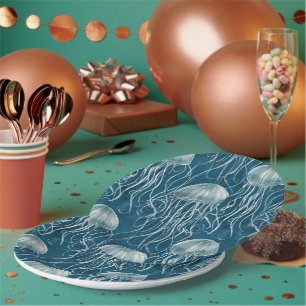 Plato De Papel Patrón de peces azul marino y gelatina blanca
