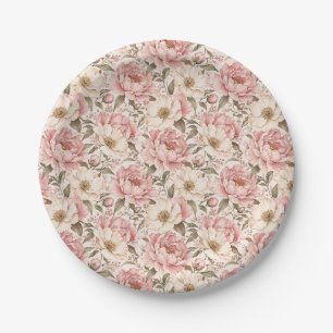 Plato De Papel Patrón de peonías florecidas vintage
