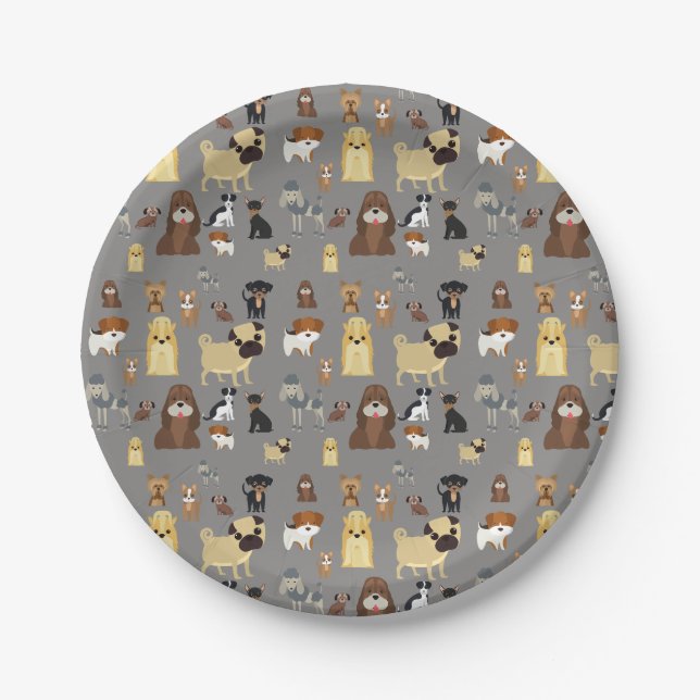 Plato De Papel patrón de perros de fondo gris (Anverso)