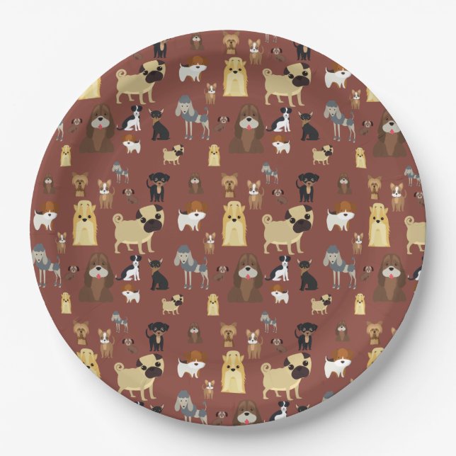 Plato De Papel patrón de perros de fondo marrón. (Anverso)