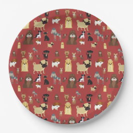 Plato De Papel patrón de perros de fondo rojo