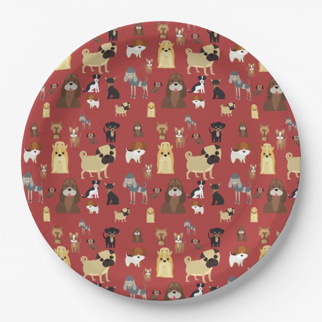 Plato De Papel patrón de perros de fondo rojo (Anverso)