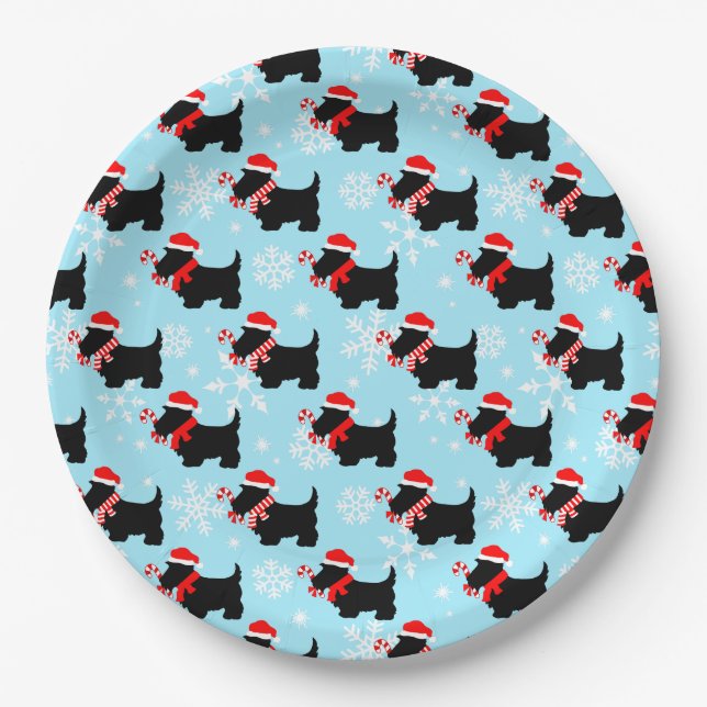 Plato De Papel Patrón de perros Scottie de Navidad (Anverso)