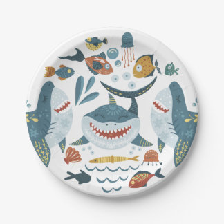 Plato De Papel Patrón de pez tiburón bajo el mar