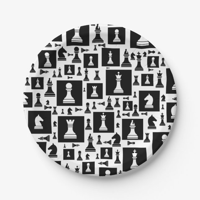 Plato De Papel Patrón de piezas de ajedrez - blanco y negro (Anverso)