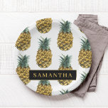 Plato De Papel Patrón de piña de color de agua tropical con nombr<br><div class="desc">Patrón de piña de color de agua tropical con nombre</div>